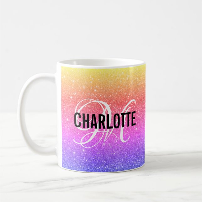 Chic Regenbogen Glitzer Monogramm Name Kaffee Tass Kaffeetasse (Links)