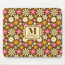 Chic Retro 70er Groovy Hippie Blume Monogramm Mousepad