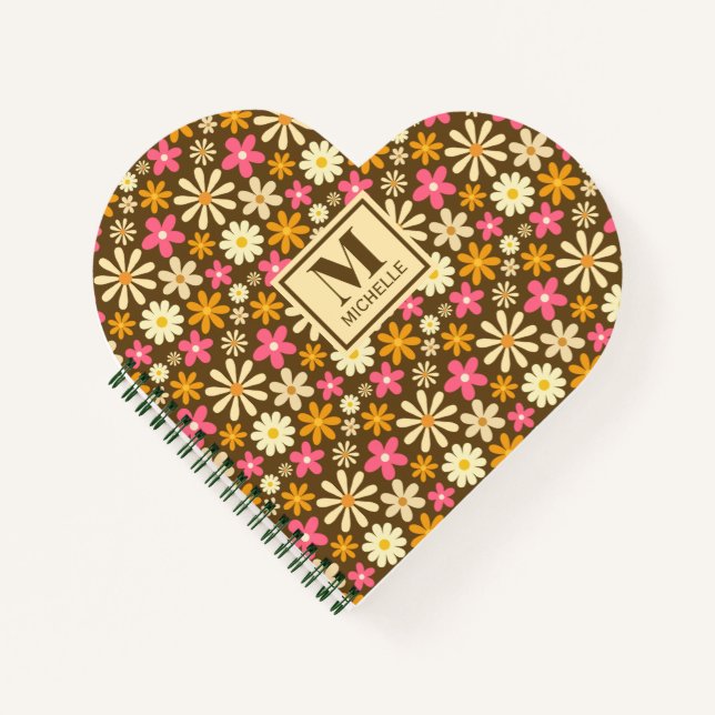 Chic Retro 70er Groovy Hippie Blume Monogramm Notizbuch (Vorderseite)