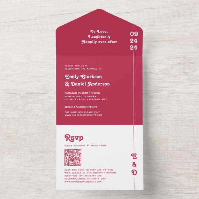 Chic Retro Bold Hot Pink Monogram QR Code Wedding All In One Einladung (Innen Boden)