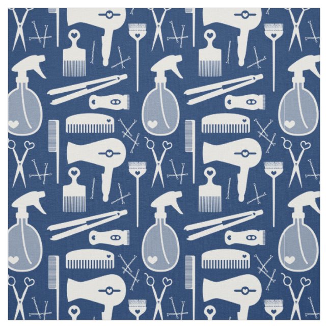 Chic Retro Deep Blue & White Hair Salon Tools Stoff (Muster)