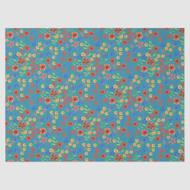 Chic Retro Ditsy mit Blumen auf aquamarinem Seidenpapier (Vorderseite)