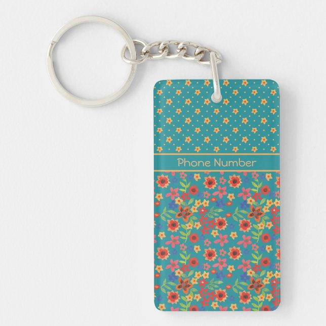 Chic Retro Floral Aquamariner Oblong Schlüsselanhä Schlüsselanhänger (Vorderseite)
