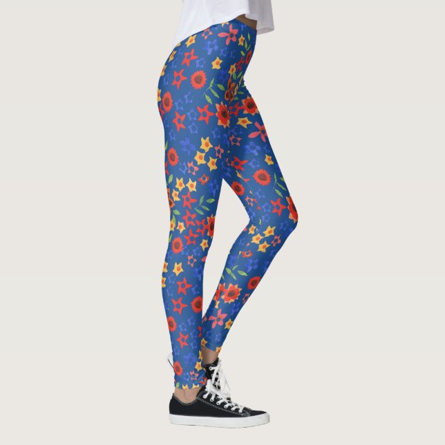 Chic Retro Floral Granny Print auf Royal Blue Leggings (Rechts)