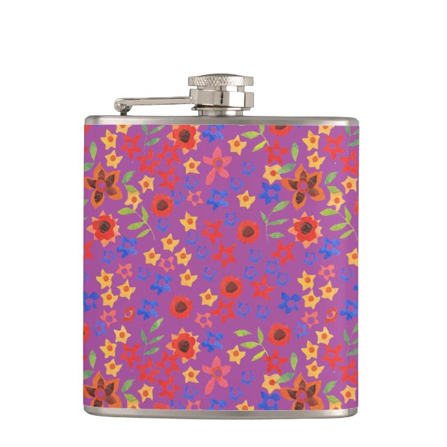 Chic Retro Floral Mini-Print auf Magenta Hip Flask Flachmann (Vorderseite)