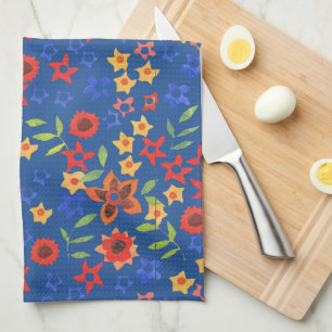Chic Retro Floral Miniprint auf Blue Kittuch Handtuch