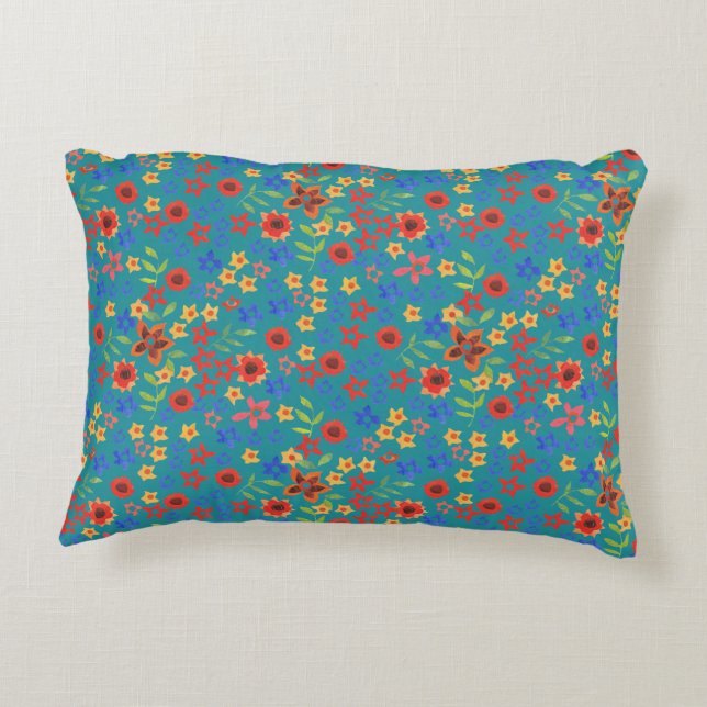 Chic Retro Floral Print auf Aquamarin akzentuierte Dekokissen (Rückseite)