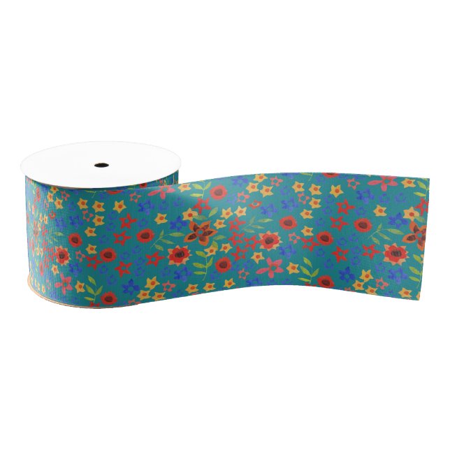 Chic Retro Floral Print auf Aquamarin Grosgrain Ri Ripsband (Spule)
