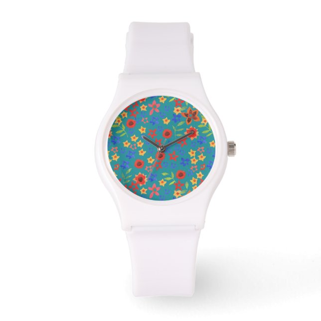 Chic Retro Floral Print auf Aquamariner Armbanduhr (Vorderseite)