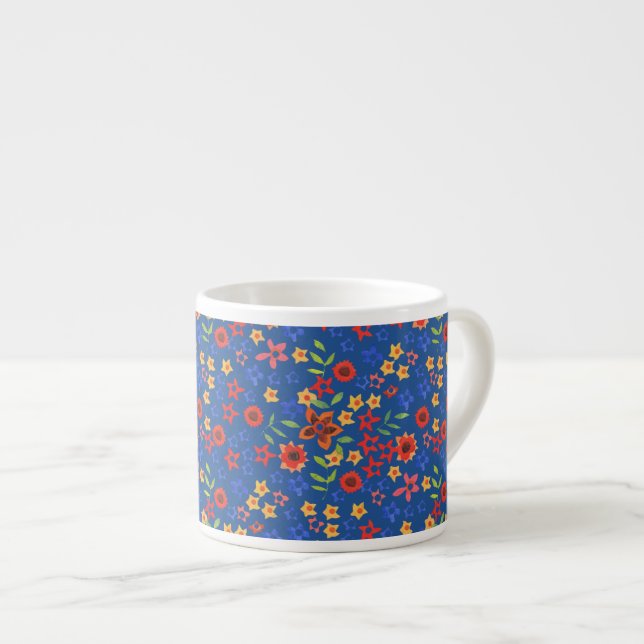 Chic Retro Floral Print auf Blue Espresso Tasse (Vorderseite Rechts)