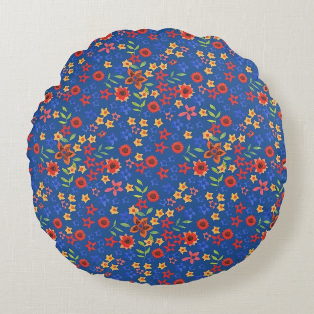 Chic Retro Floral Print auf Blue Round Pillow Rundes Kissen (Vorderseite)
