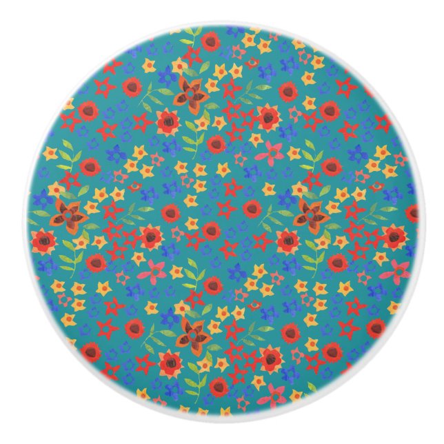 Chic Retro Floral Print on Aquamarin Drawer Pull K Keramikknauf (Vorderseite)