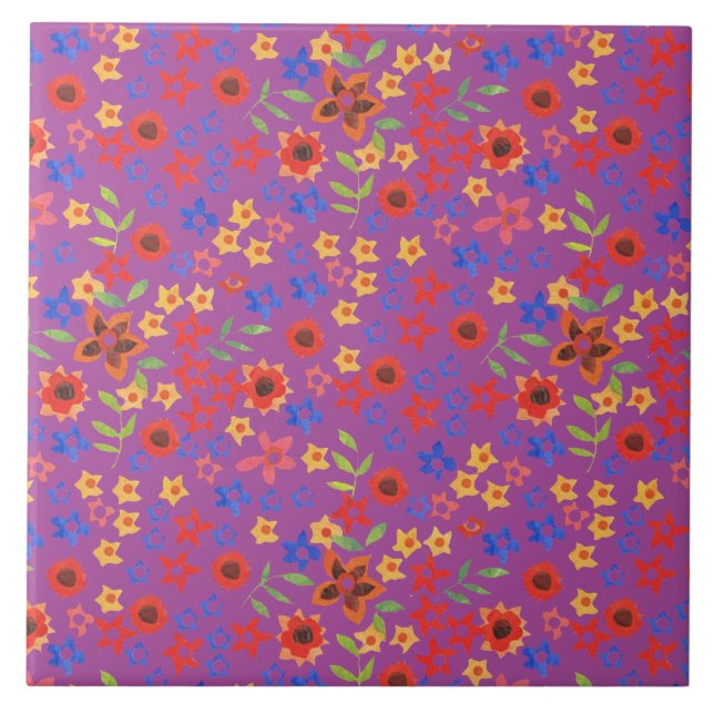 Chic Retro Floral Print on Magenta Keramik Tile Fliese (Vorderseite)