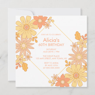 Chic Retro Hippie Orange Peach Flora 60. Geburtsta Einladung