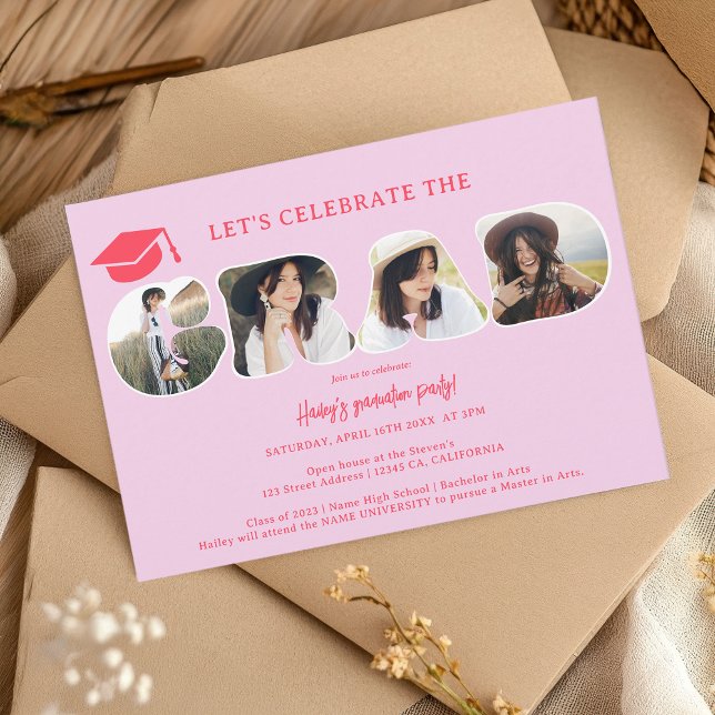 Chic Retro Hot roink 3 Fotos Script Abschluss Einladung (Chic Retro hot pink 3 photos script graduation Invitation)