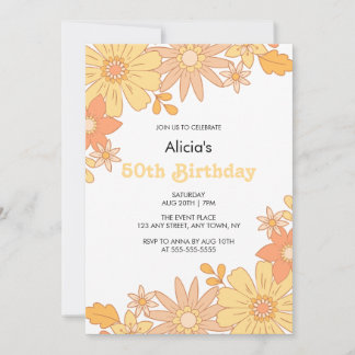 Chic Retro Orange Peach Flora Groovy 50. Einladung