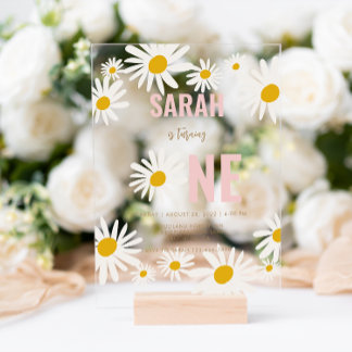 Chic Retro Pink Daisy Blume 1. Geburtstag Acryleinladungen