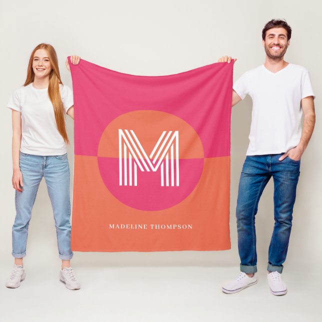 Chic Retro Pink Orange Geometric Modern Monogram Fleecedecke (Beispiel)