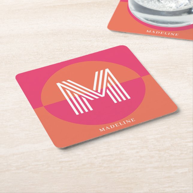 Chic Retro Pink Orange Geometric Modern Monogram Rechteckiger Pappuntersetzer (angewinkelt)
