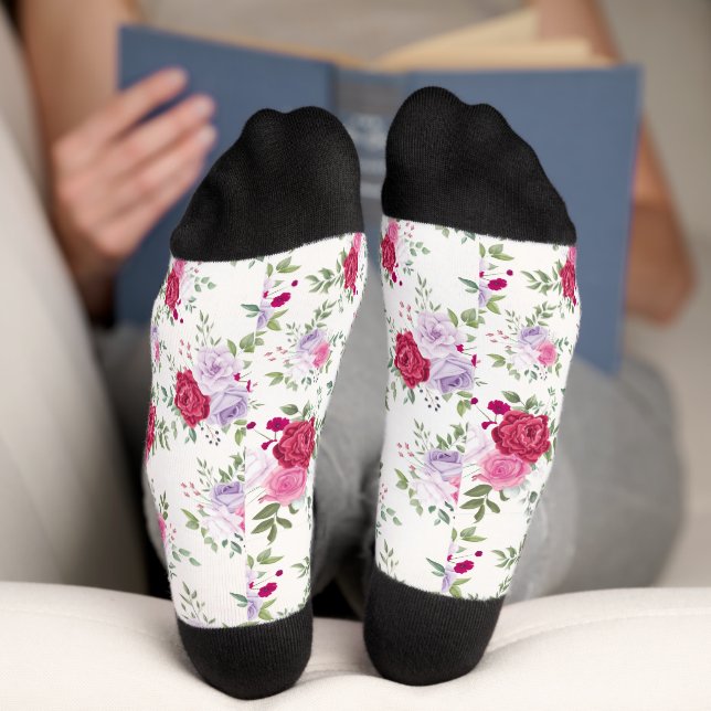 Chic Retro Spring Style lila Blumenmuster Socken (Unterseite)