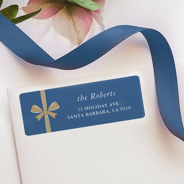 Chic Ribbon Bow Blue & Cream Weihnachtsadresse (elegant ribbon and bow blue Christmas return address labels)