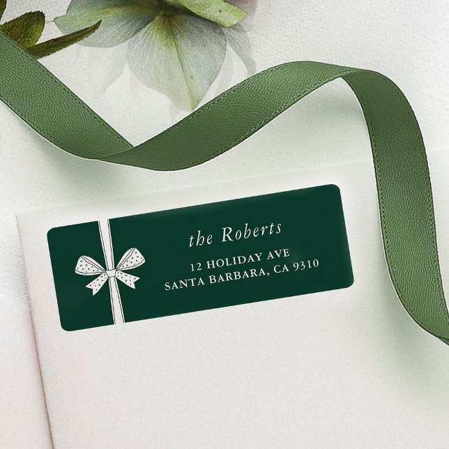 Chic Ribbon Bow Pine Green Minimalistische Weihnac (elegant ribbon and bow green Christmas return address labels)