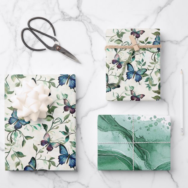 Chic Romantic Blue Butterflies Brautparty Geschenkpapier Set (Vorderseite)