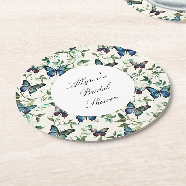 Chic Romantic Blue Butterflies Brautparty Runder Pappuntersetzer (Angewinkelt)