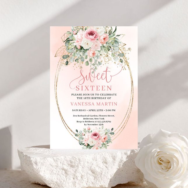 Chic Romantic Blush and Gold Sweet Sixteen Floral Einladung (Romantic Blush and Gold Sweet Sixteen Floral Invite)