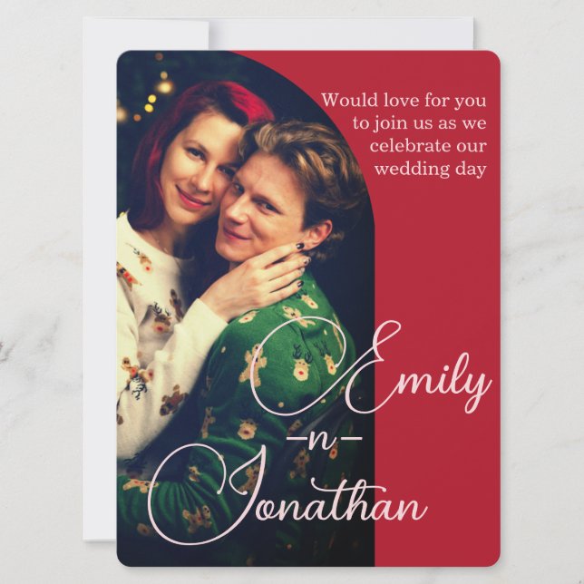 Chic Romantic Deep Red Split Photo QR Wedding Einladung (Vorderseite)