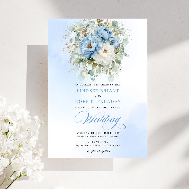 Chic Romantic Dusty Blue Peony Gold Floral Wedding Einladung (Chic Romantic Dusty Blue Peony Gold Floral Wedding Invitation)