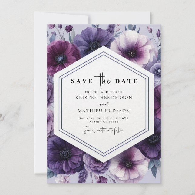 Chic Romantic Lila Floral Wedding Save The Date (Vorderseite)