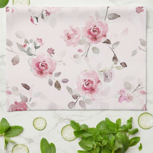 Chic Romantic Pink Floral Geschirrtuch (Gefaltet)