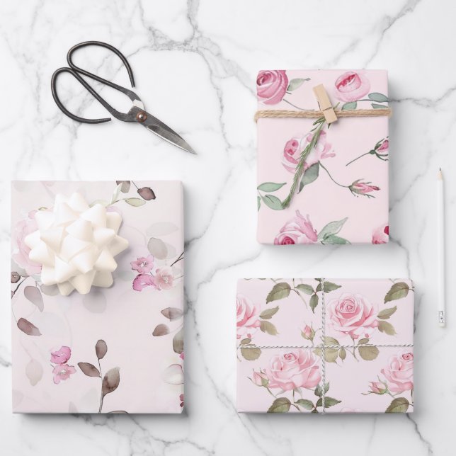 Chic Romantic Pink Roses Floral Geschenkpapier Set (Vorderseite)