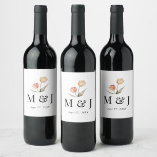 Chic Romantic Tulips Wasserfarben Monogram Wedding Weinetikett