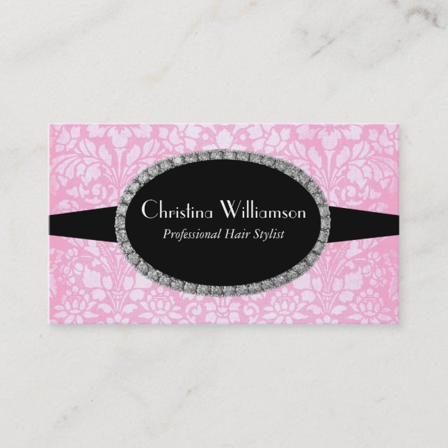 Chic-rosa Damast-Kristall Visitenkarte (Vorderseite)
