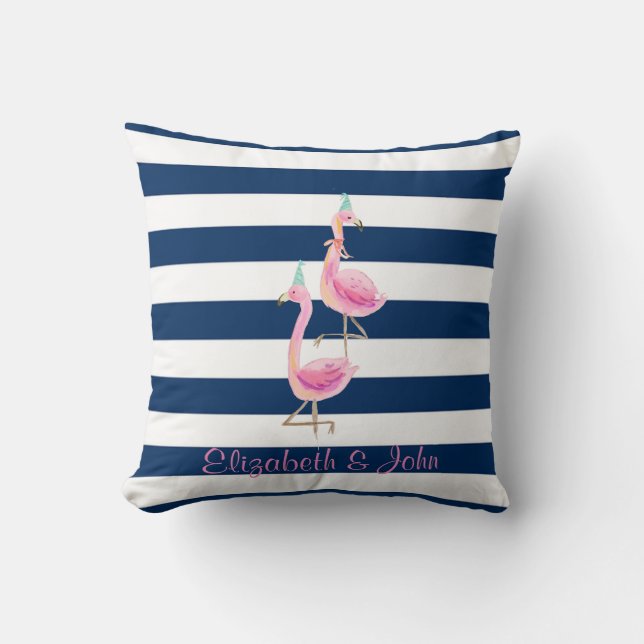 Chic rosa Flamingos in Liebe, Navy Blue Striping Kissen (Vorderseite)