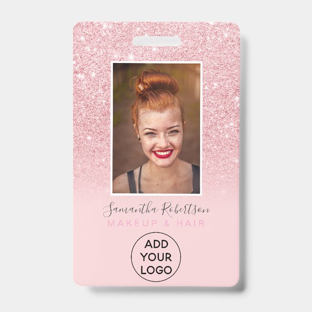 Chic rosa Glitzer funkelndes Logo Mitarbeiter Foto Ausweis (Vorderseite)