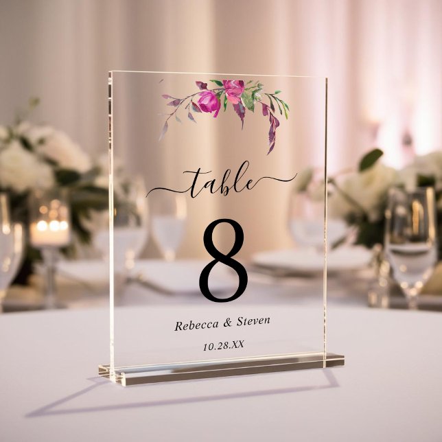 Chic rosa lila Aquarellfarben Hochzeit Tischnummer Acrylschild (Von Creator hochgeladen)
