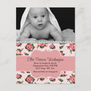 Chic-rosa Rosen-Baby-Mädchen-Geburts-Mitteilung Ankündigung
