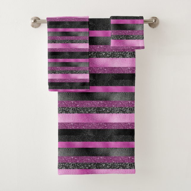 Chic rosa schwarze Glitter-Streifen Glam Design Badhandtuch Set (Insitu)
