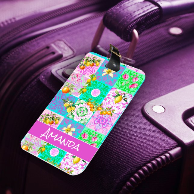 Chic rosa sizilianische Zitruscollage Blumenziegel Gepäckanhänger (Von Creator hochgeladen)