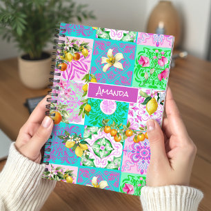 Chic rosa sizilianische Zitruscollage Blumenziegel Notizbuch