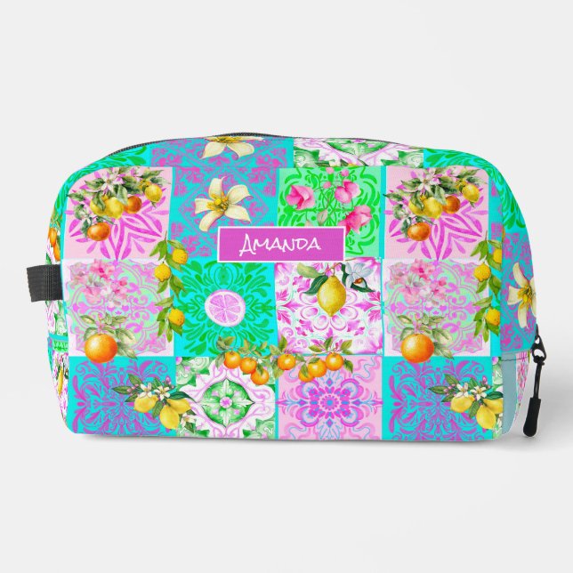 Chic rosa sizilianische Zitruscollage Blumenziegel Waschbeutel (Vorderseite)