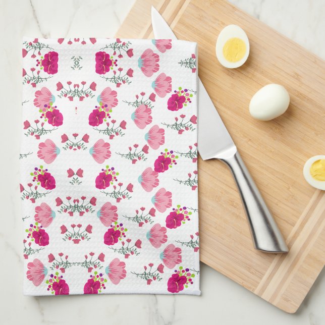 Chic rosa und rot floraler Druck nahtlos Muster Geschirrtuch (Viertel Falte)
