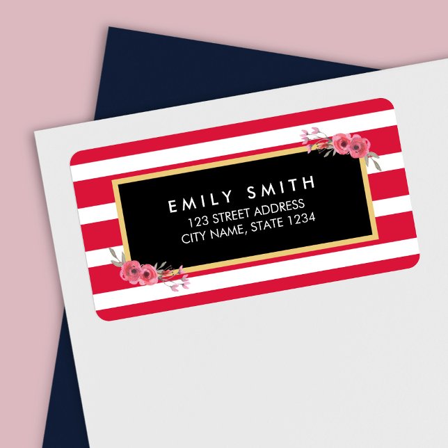 Chic Rosa und weiße Streifen mit Aquarellblumen Adressaufkleber (Von Creator hochgeladen)