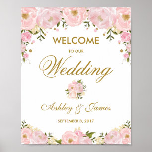 Chic Rosafarbenes Florales Hochzeitsposter Willkom Poster