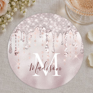 Chic rosé blush gold glitzer tropf monogramm pap runder pappuntersetzer