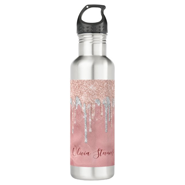 Chic Rose Blush Silber Tropfen Monogramm Edelstahlflasche (Vorderseite)