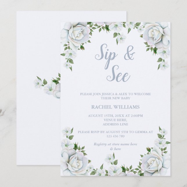 Chic Rose Border Sip & See Einladung (Vorne/Hinten)